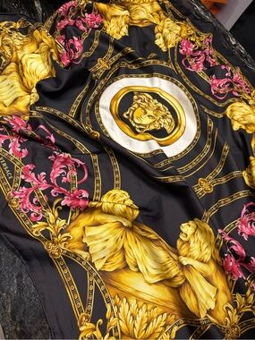 Versace Black and Gold Baroque Silk Scarf